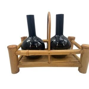 Vintage Dark Black Cherry Glass Cruet Oil / Vinegar or SAKE Set in Caddy